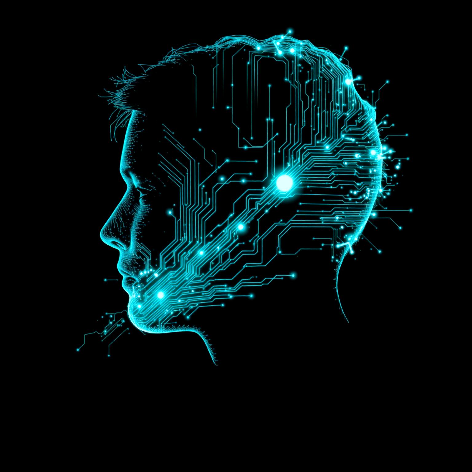 Cabeça com circuitos digitais representando criatividade e tecnologia